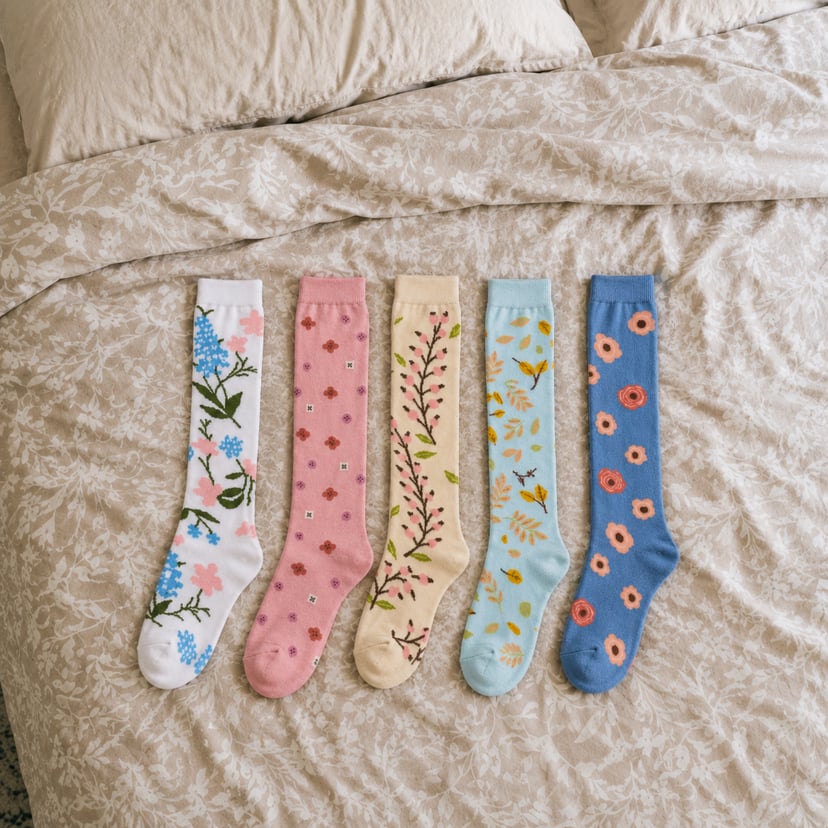 Five pairs of patterned Evirelle compression socks laid out side by side