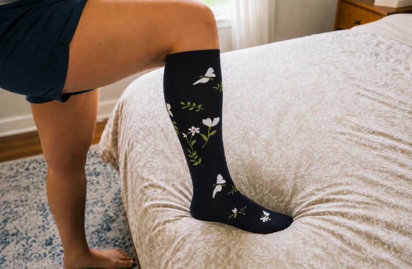 Feet in patterned Evirelle compression socks resting up